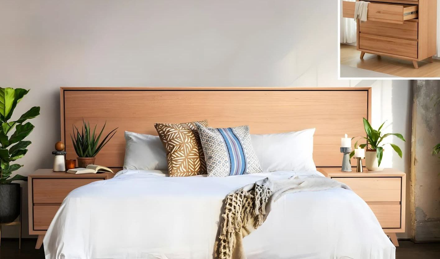 A Bed With a Wooden Headboard and Dresser — Bryants Beds and Mattresses In Lismore, NSW