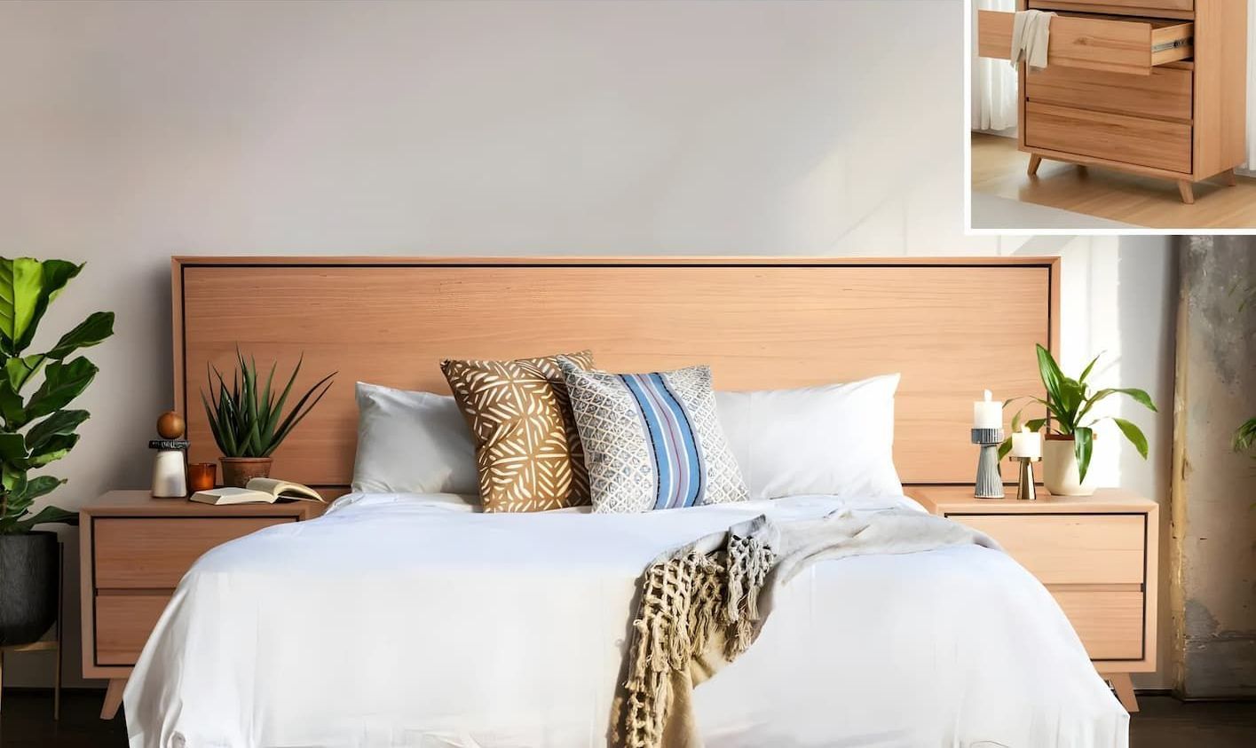 A Bed With a Wooden Headboard and Dresser — Bryants Beds and Mattresses In Lismore, NSW
