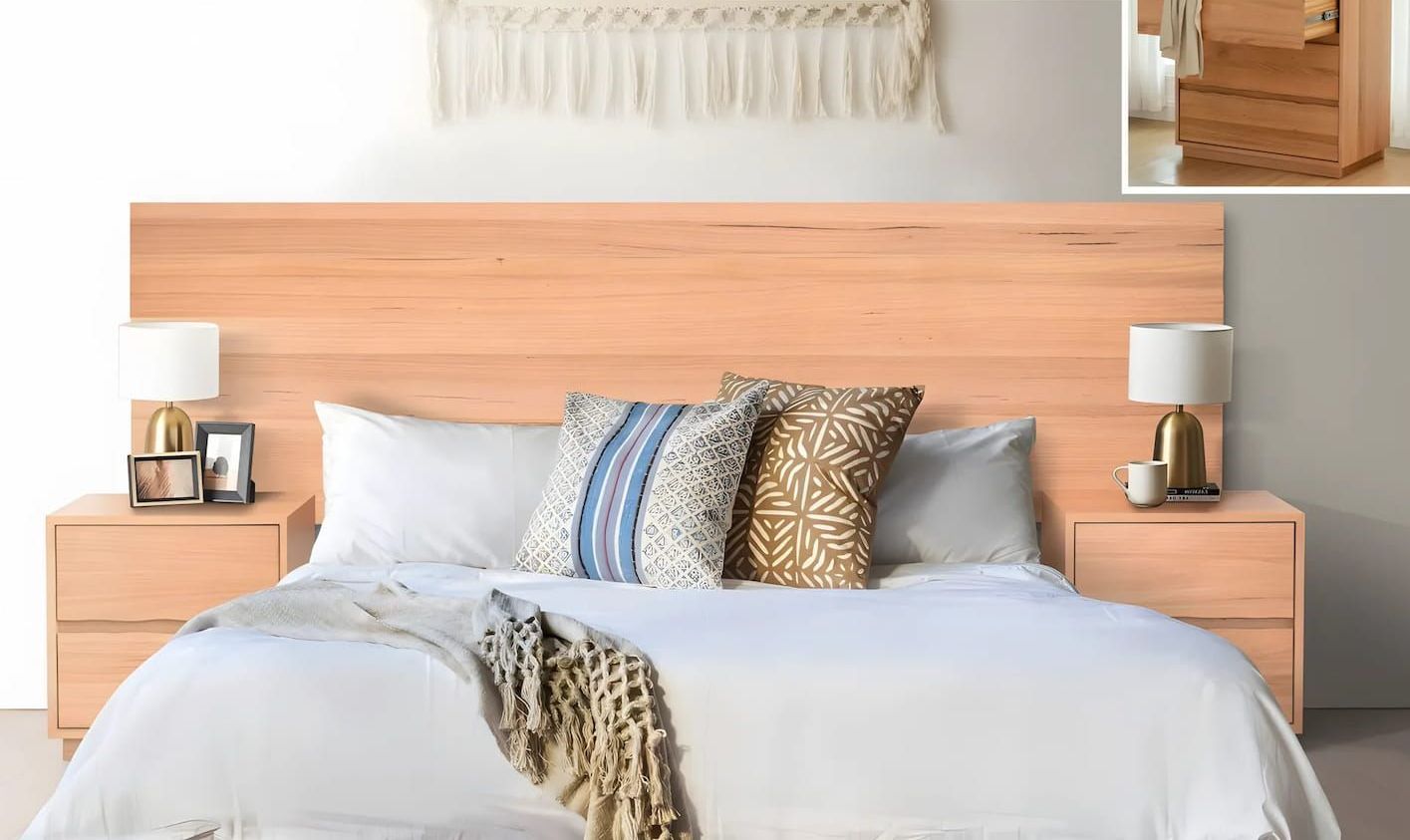 A Bed With a Wooden Headboard and Two Nightstands — Bryants Beds and Mattresses In Lismore, NSW
