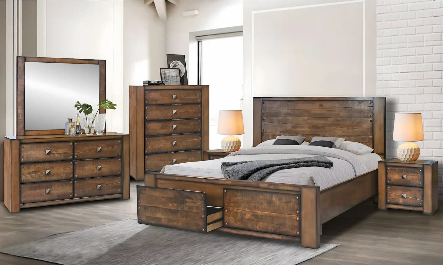 A Bedroom Set With a Bed Dresser Mirror and Nightstand — Bryants Beds and Mattresses In Lismore, NSW