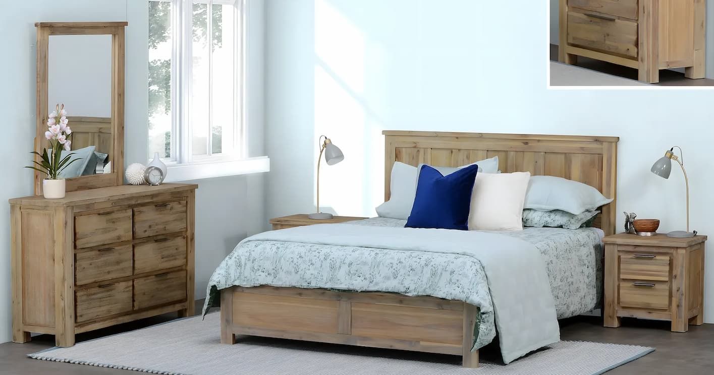 A Bedroom With a Bed, Dresser, Mirror and Nightstand — Bryants Beds and Mattresses In Lismore, NSW