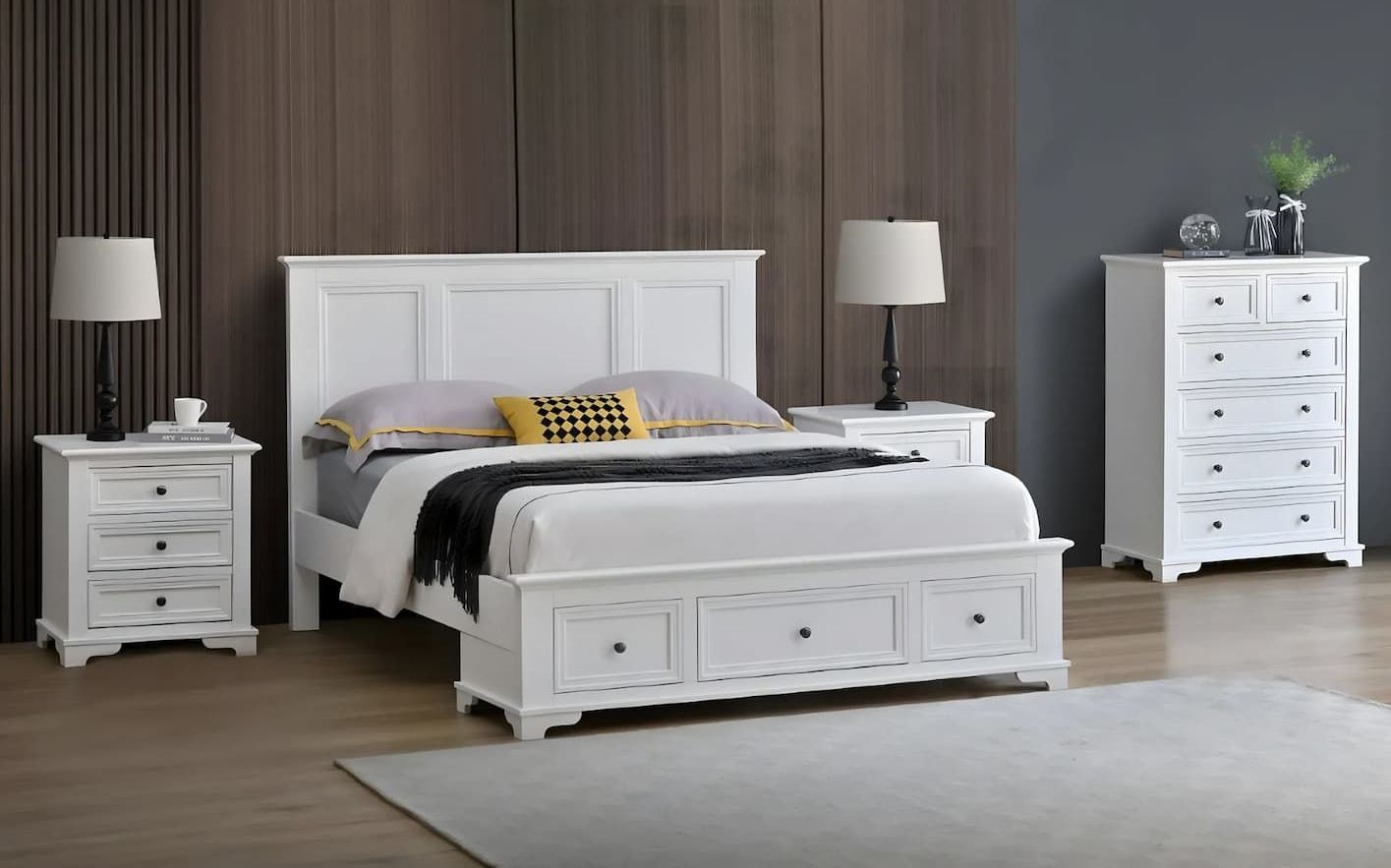 A Bedroom With a Bed, Nightstand, Dresser and Lamps — Bryants Beds and Mattresses In Lismore, NSW