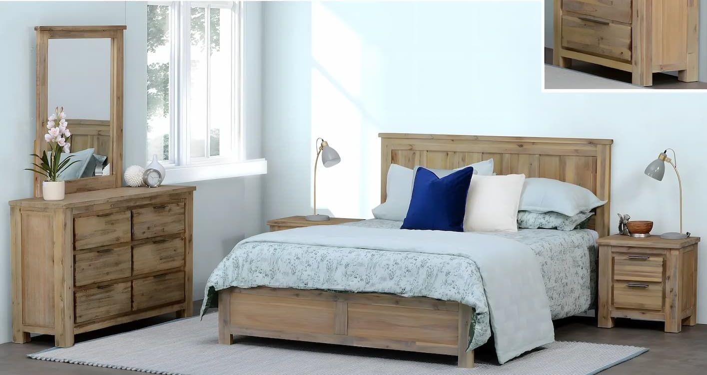 A Bedroom With a Bed, Dresser, Mirror and Nightstand — Bryants Beds and Mattresses In Lismore, NSW