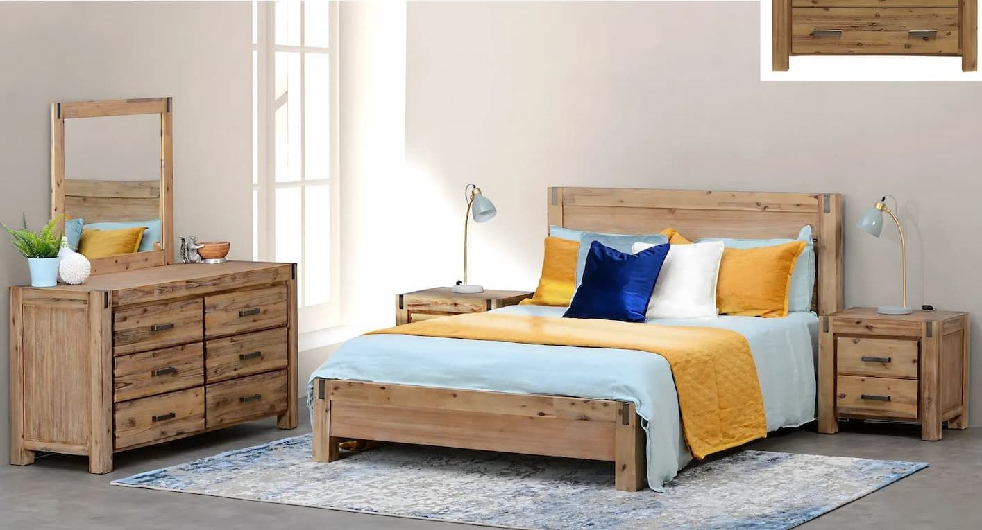 A Bedroom Set With a Bed Dresser and Mirror — Bryants Beds and Mattresses In Lismore, NSW