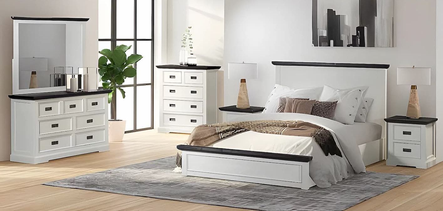 A Bedroom Set With a Bed Dresser and Mirror — Bryants Beds and Mattresses In Lismore, NSW