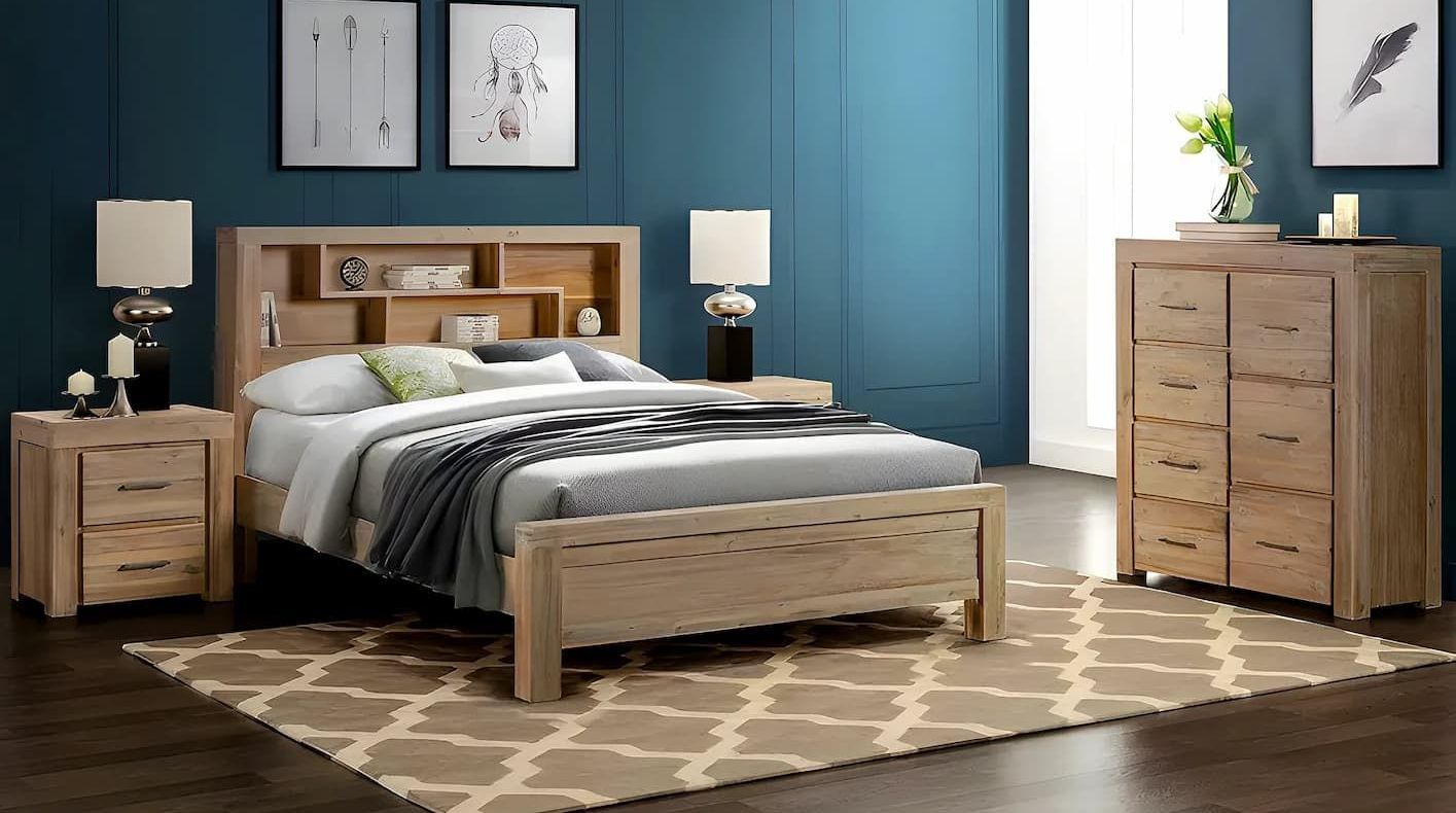 A Bedroom With a Bed, Nightstand, Dresser and Rug — Bryants Beds and Mattresses In Lismore, NSW