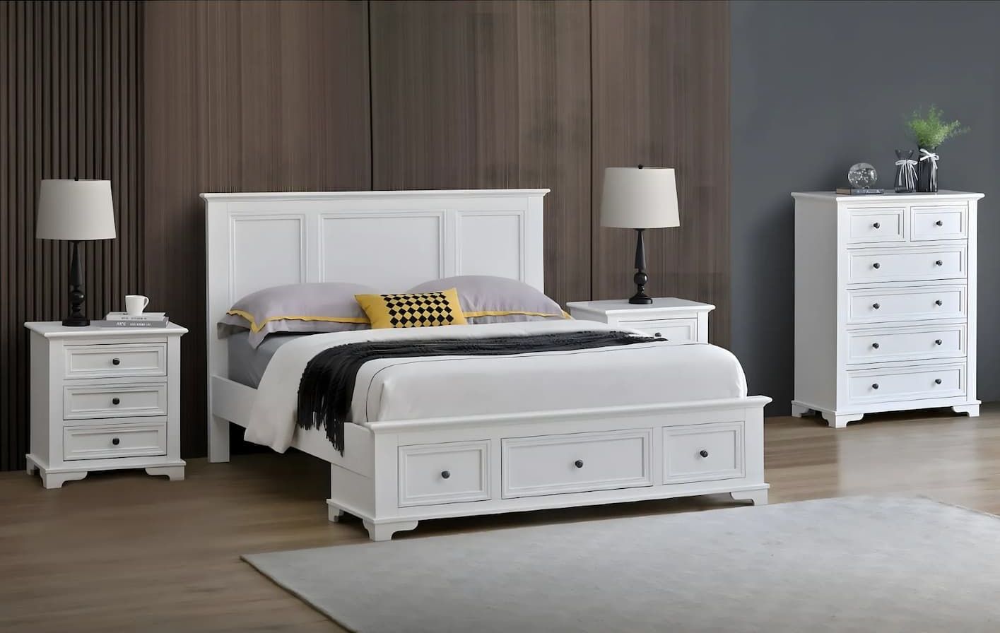 A Bedroom With a Bed, Nightstand, Dresser and Lamps — Bryants Beds and Mattresses In Lismore, NSW