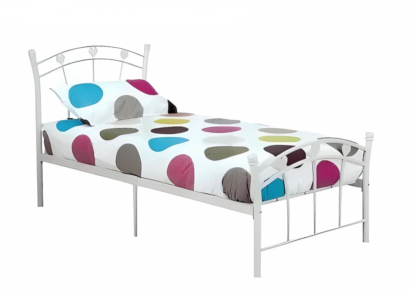 A Single Bed With a Polka Dot Comforter and Pillows — Bryants Beds and Mattresses In Lismore, NSW