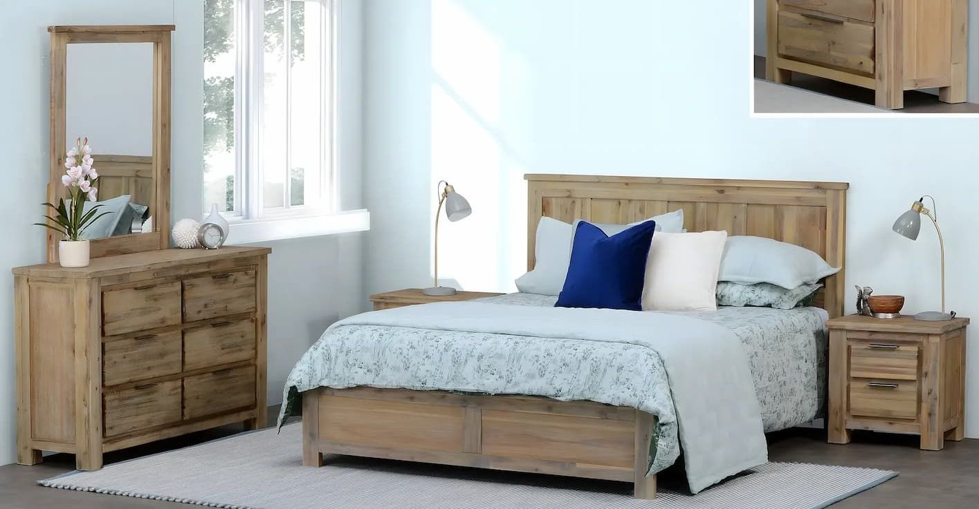 A Bedroom With a Bed, Dresser, Mirror and Nightstand — Bryants Beds and Mattresses In Lismore, NSW