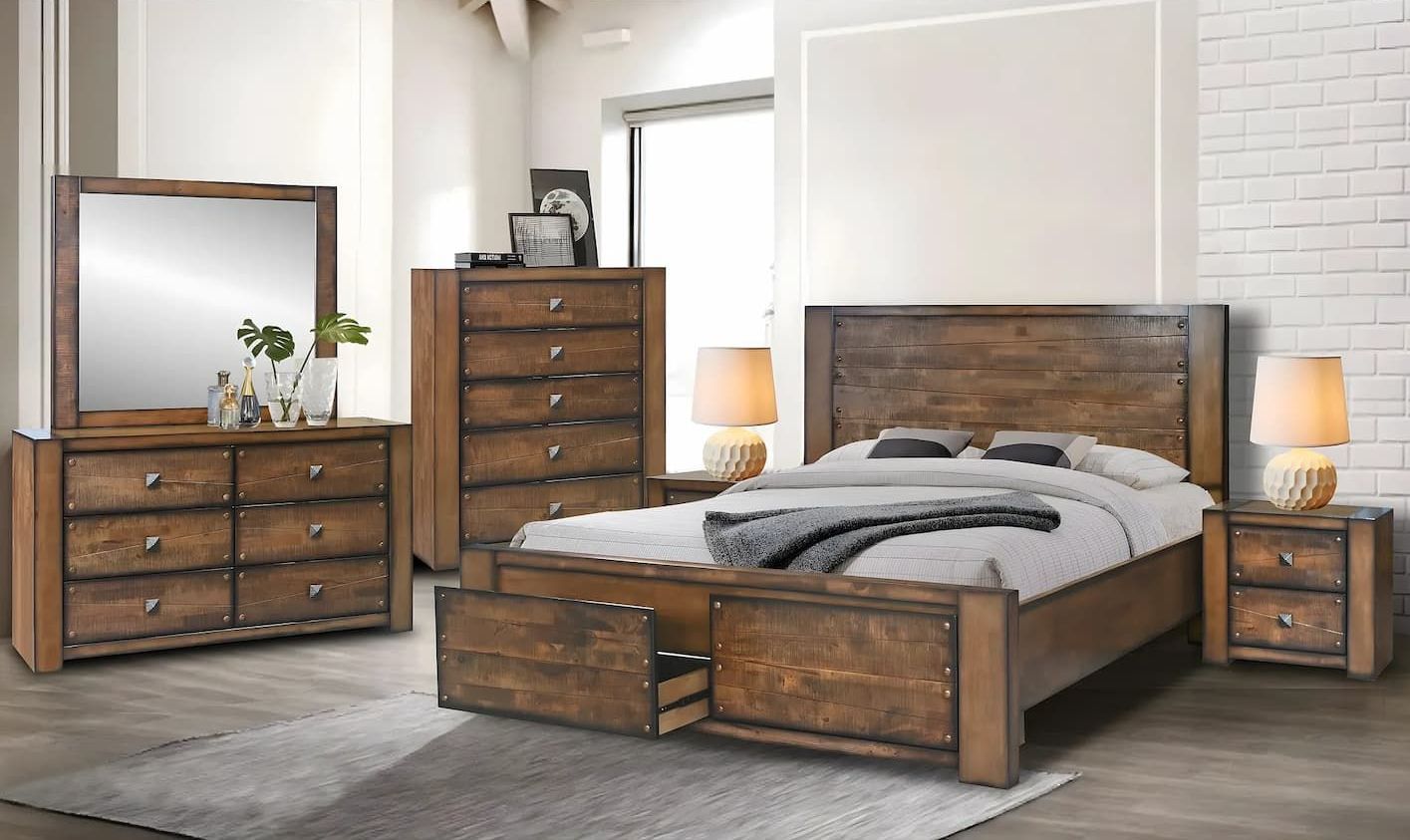 A Bedroom Set With a Bed Dresser Mirror and Nightstand — Bryants Beds and Mattresses In Lismore, NSW