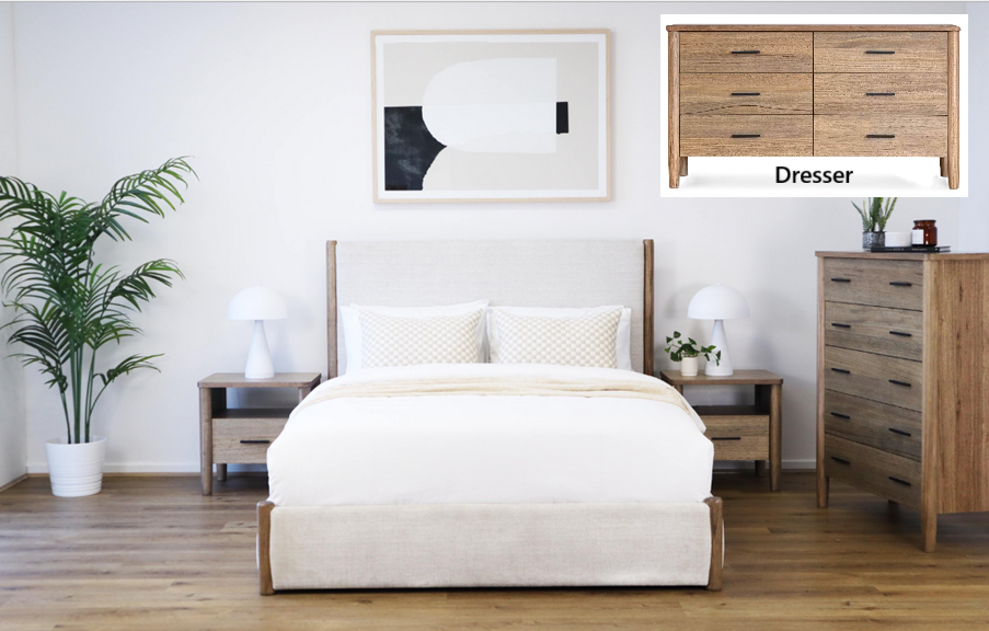 Bedroom with a bed, nightstands, dresser, and art; light wood furniture, neutral colors.