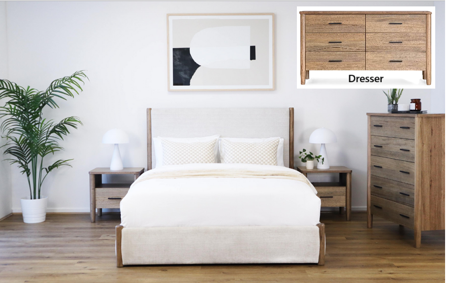 Bedroom with a bed, nightstands, dresser, and a plant. Light wood furniture with a white and cream color scheme.