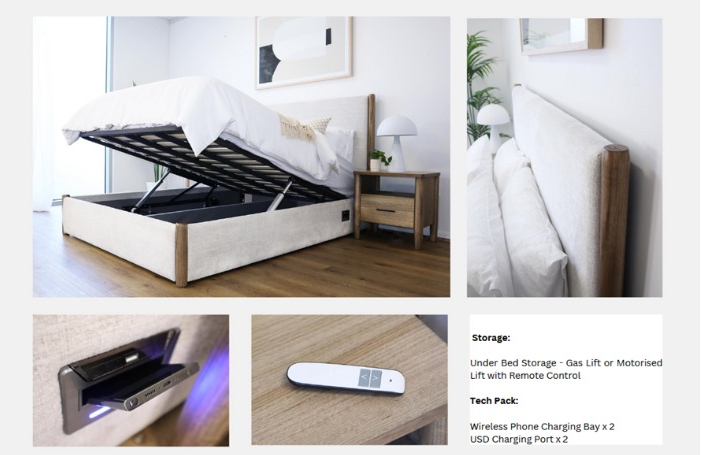 Upholstered bed with lift-up storage, bedside table, tech details. Light wood and neutral colors.