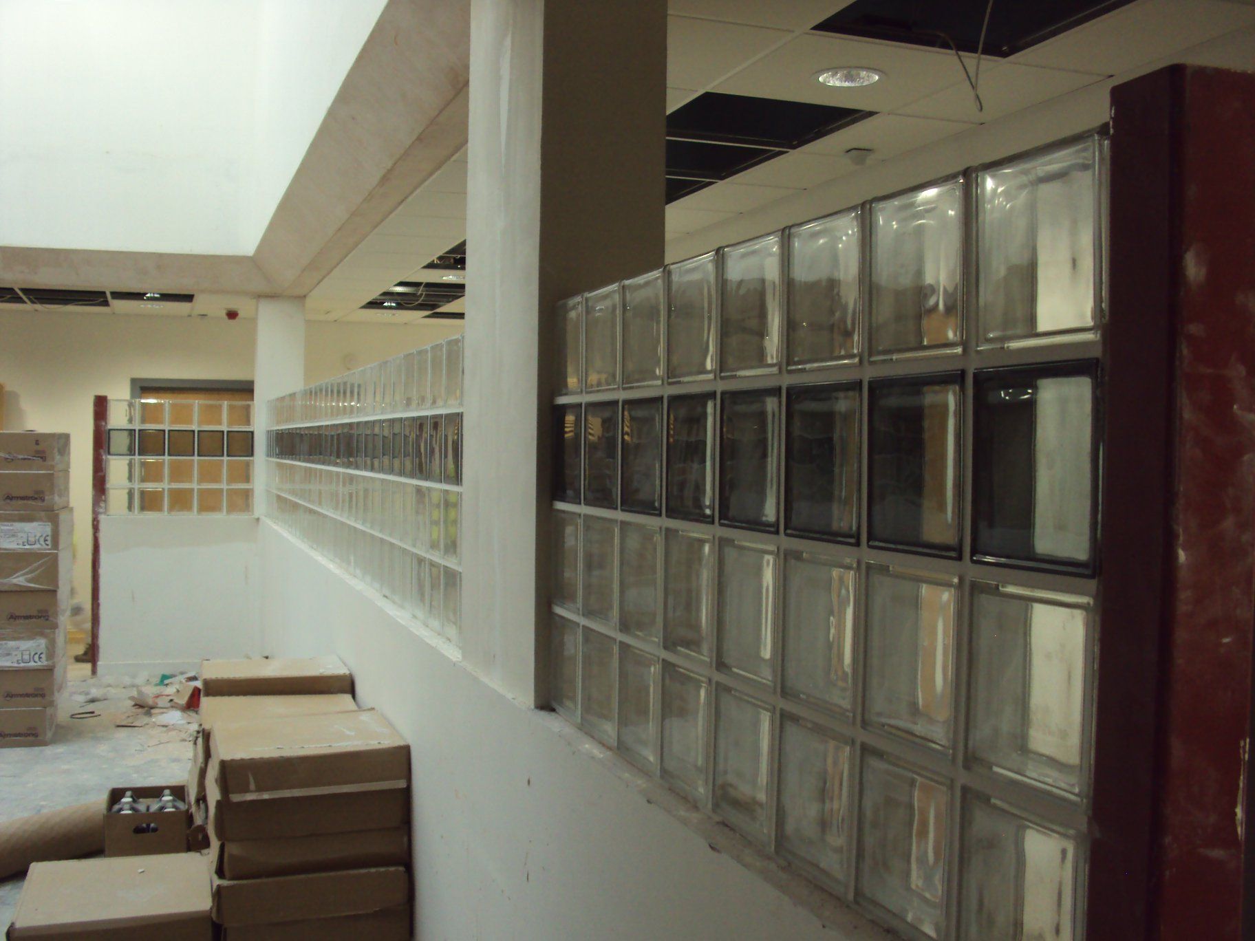 Glass block partitions in a commercial space