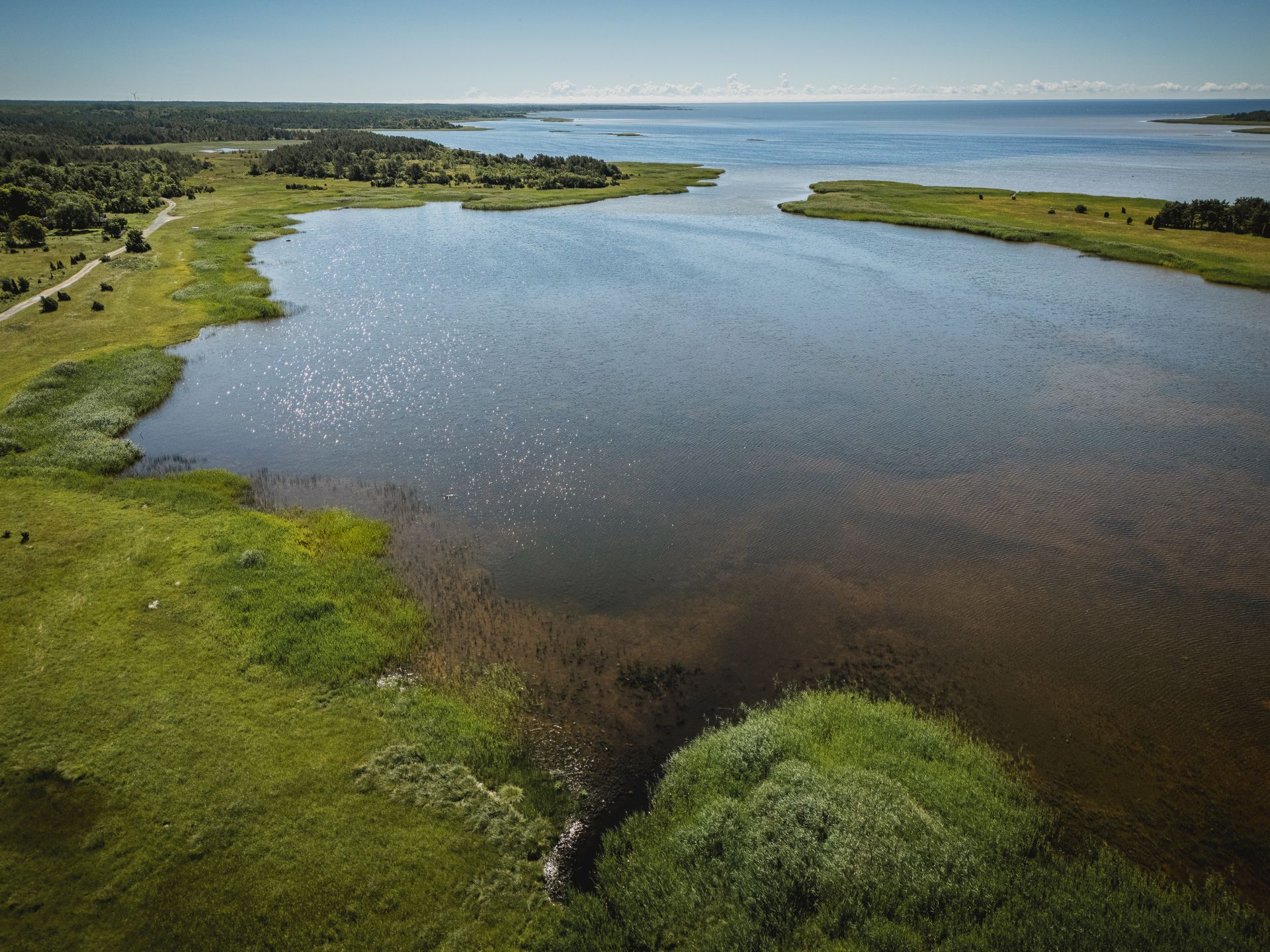 Coastal landscape with green marshland, blue water, and clear sky.