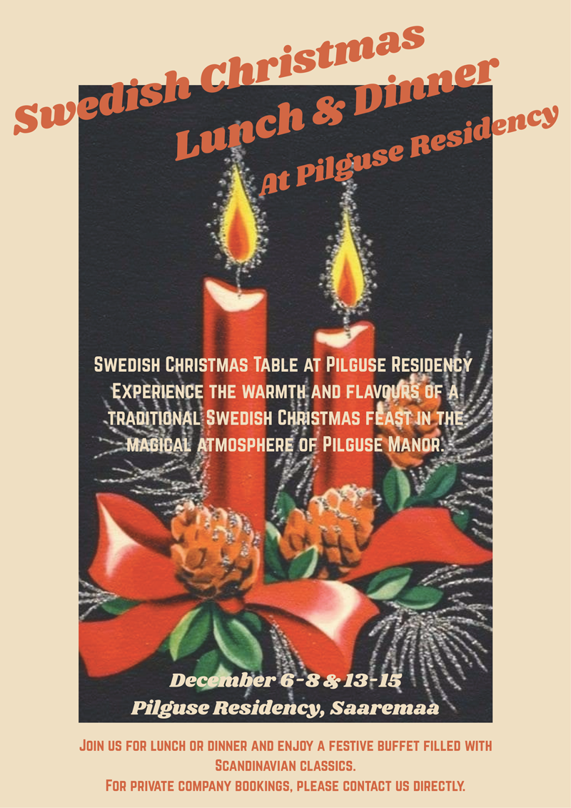 Poster for Swedish Christmas Lunch & Dinner at Pilase Residency, with red candles, bow, text and dates.