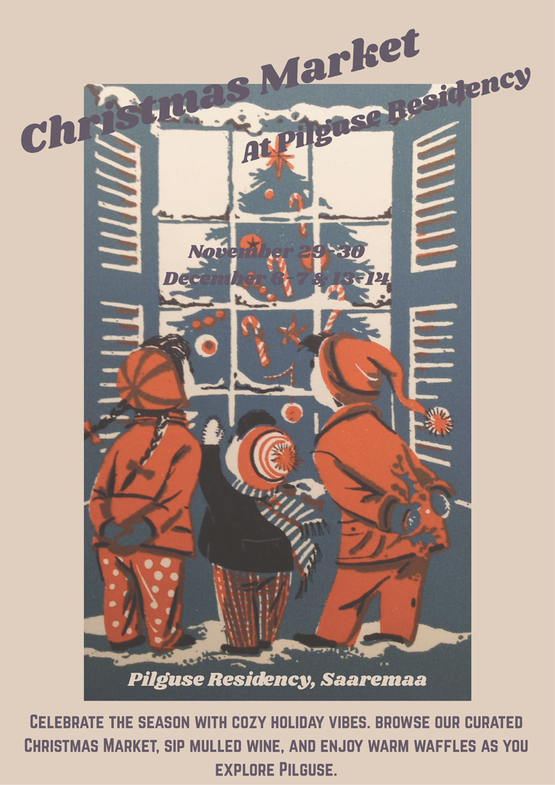 Poster for Christmas Market at Pligace Residency. Children looking at a decorated window with a Christmas tree.