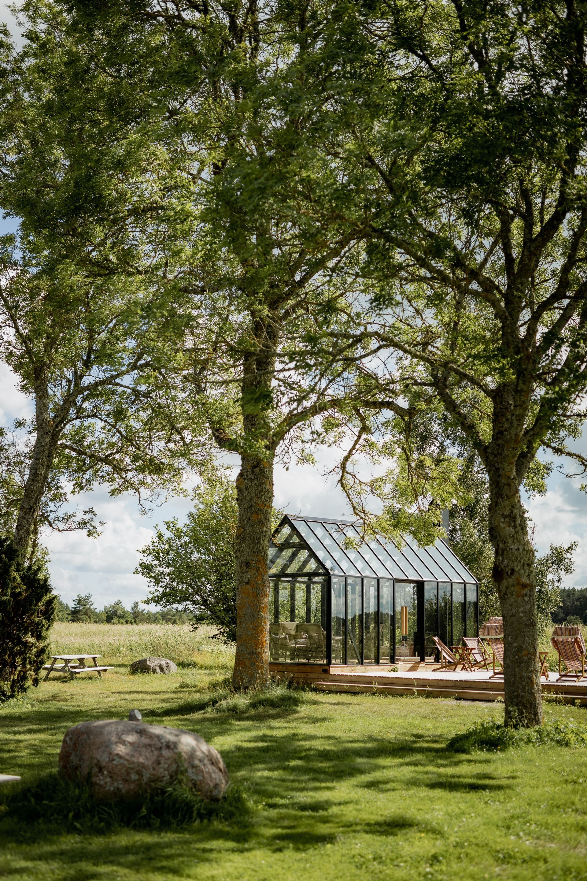 Greenhouse nestled between trees on a sunny day. Wooden deck with chairs.