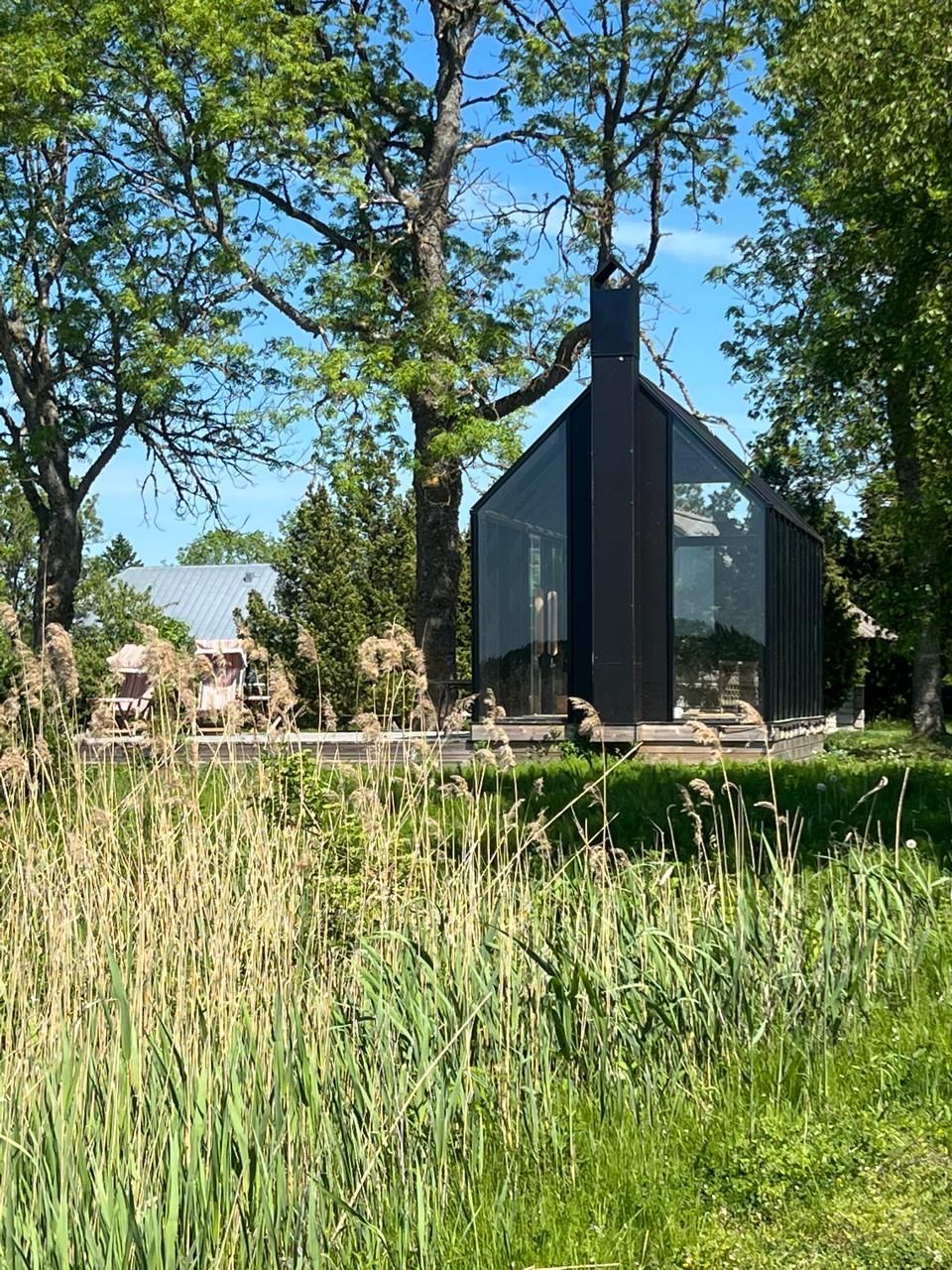 Modern black building with glass walls, chimney, trees, and tall grass.