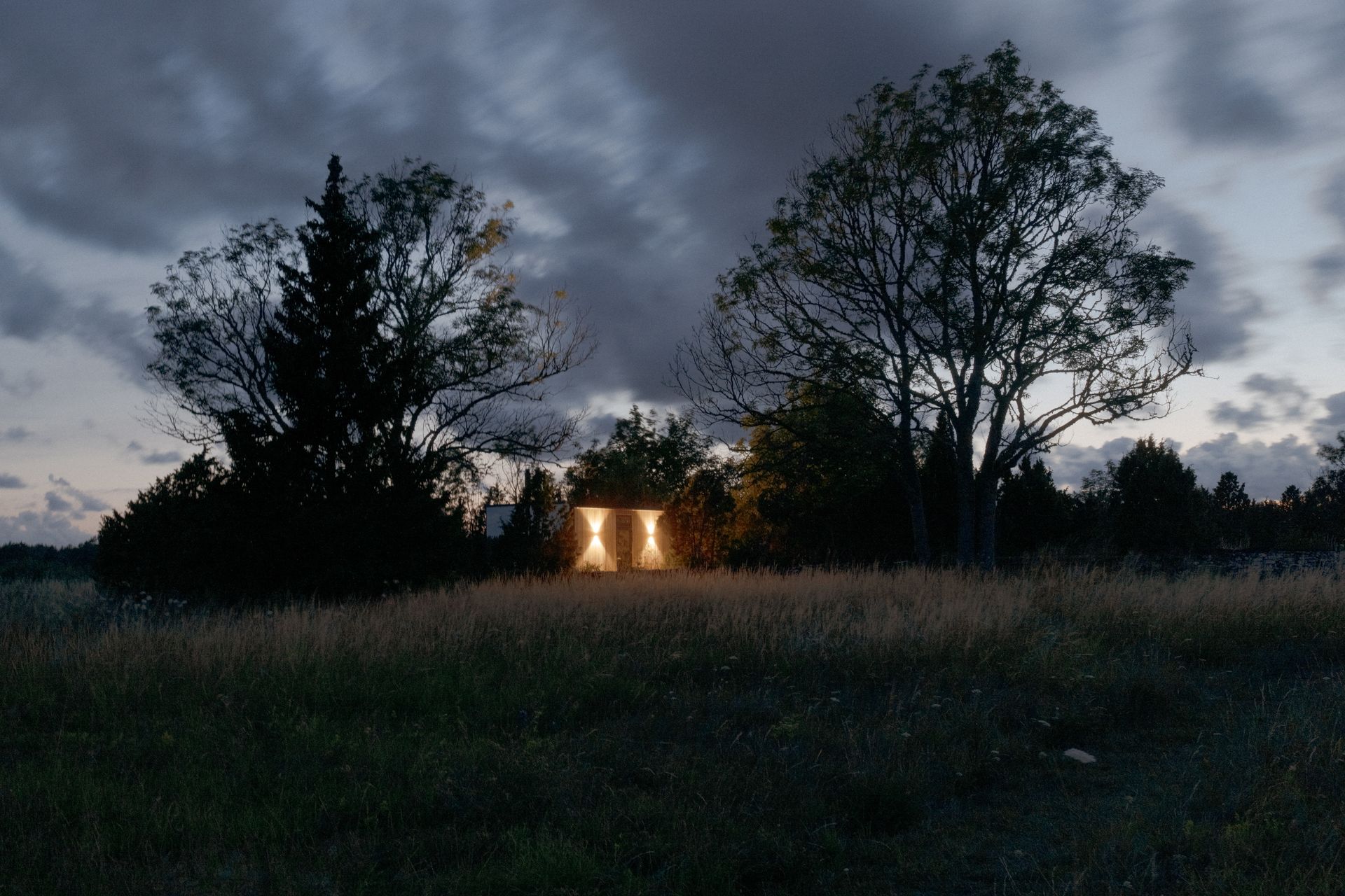 Silhouette of trees against a cloudy dusk sky, with a bright orange light visible between them in a field.