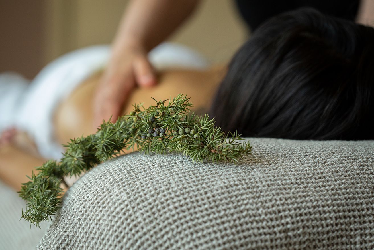 Person receiving a back massage with sprig of greenery on the massage table.