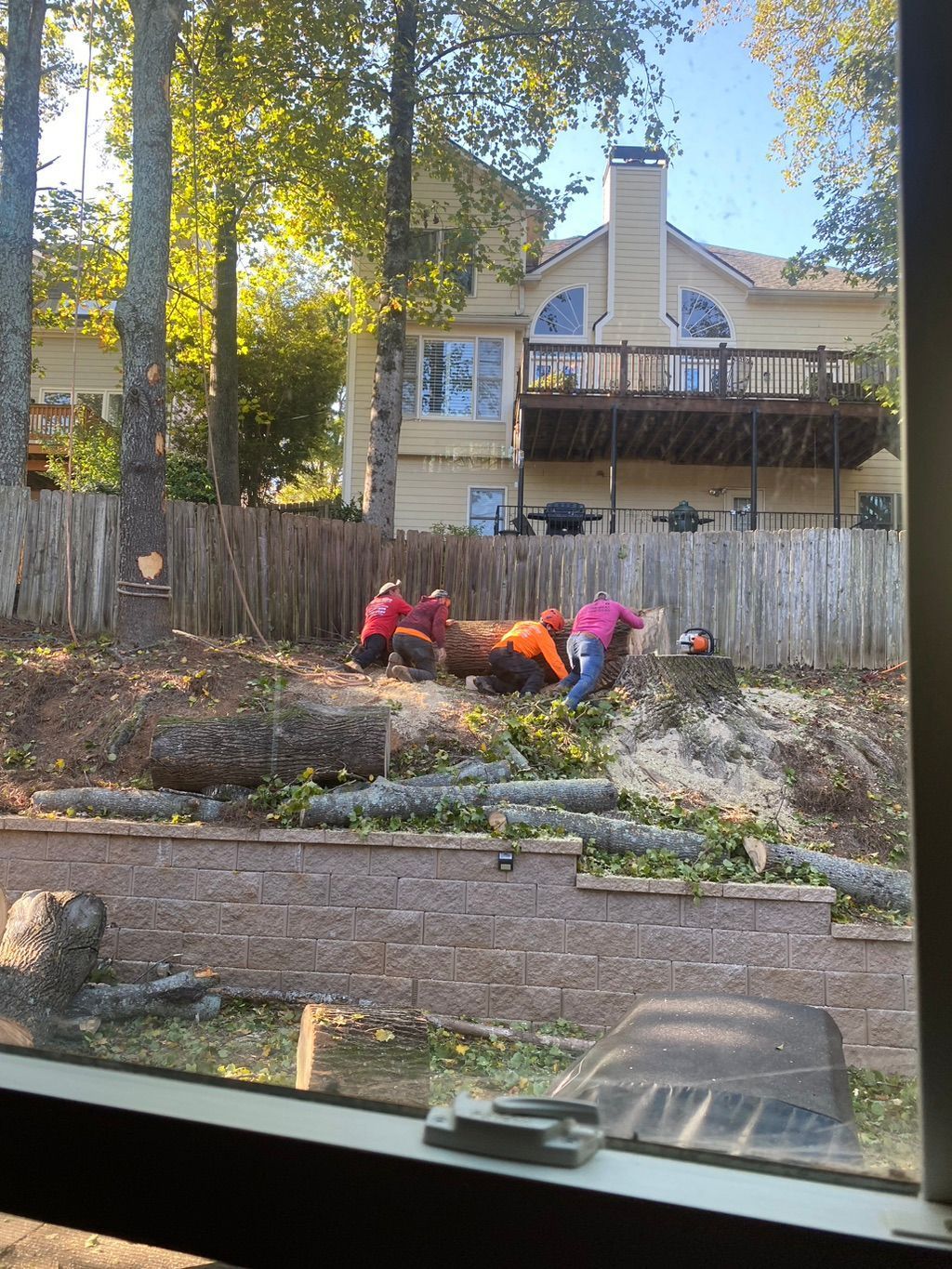 People cutting a fallen tree near a house with a deck.