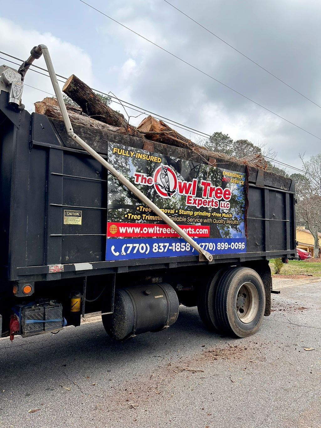 Black dump truck filled with logs, branded with 