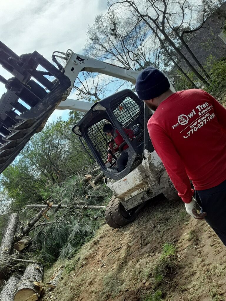 Man operating a skid steer with a tree-cutting attachment on a hillside, other worker in cab; the man wears a red shirt with a logo.