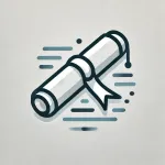 Diploma scroll with ribbon, black and white icon with blue accents.