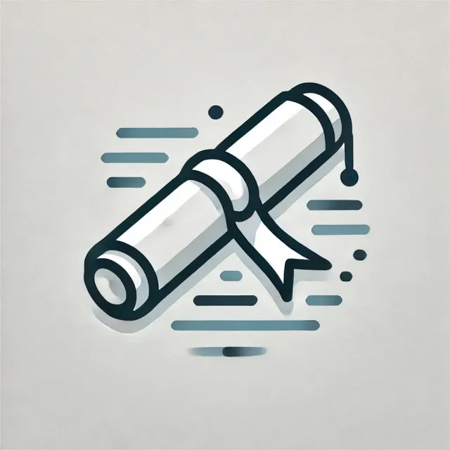 Diploma scroll with ribbon, black and white icon with blue accents.