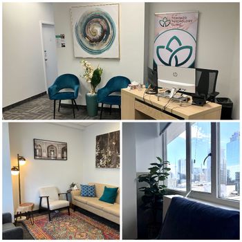 Collage of office spaces: waiting room with chairs, desk with computer, and seating area with city view.