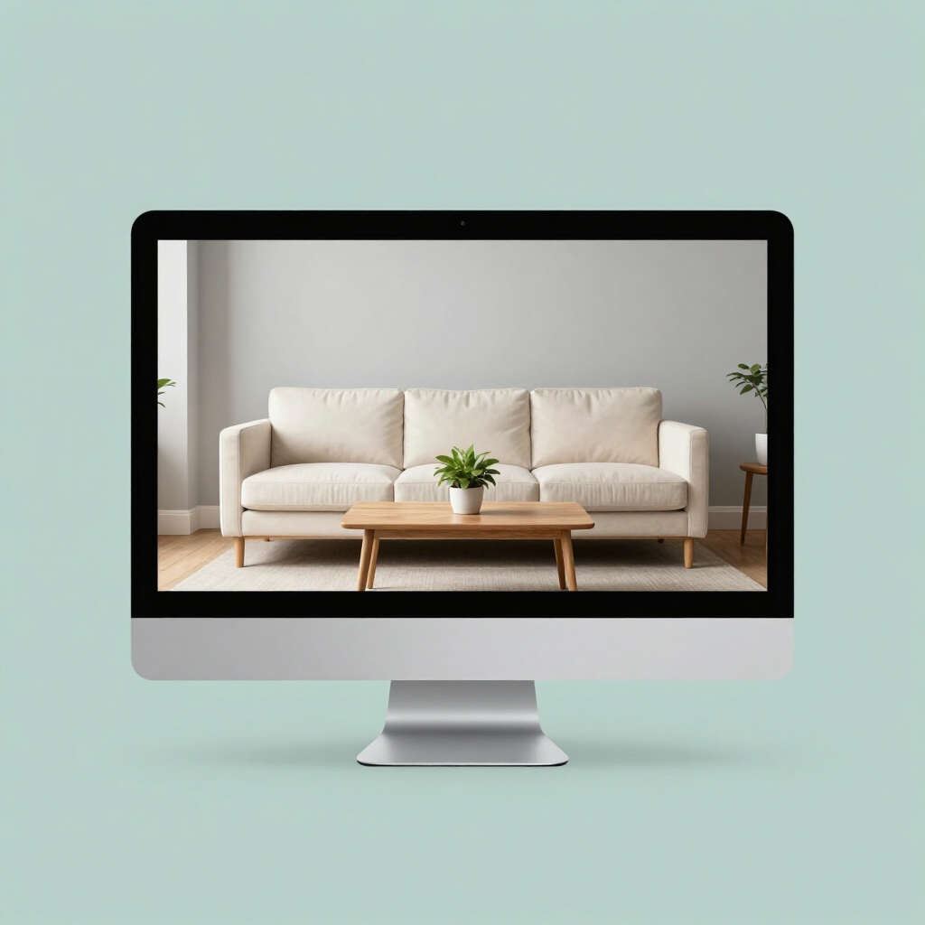 Desktop monitor displaying a bright living room with a beige sofa, coffee table, and plants