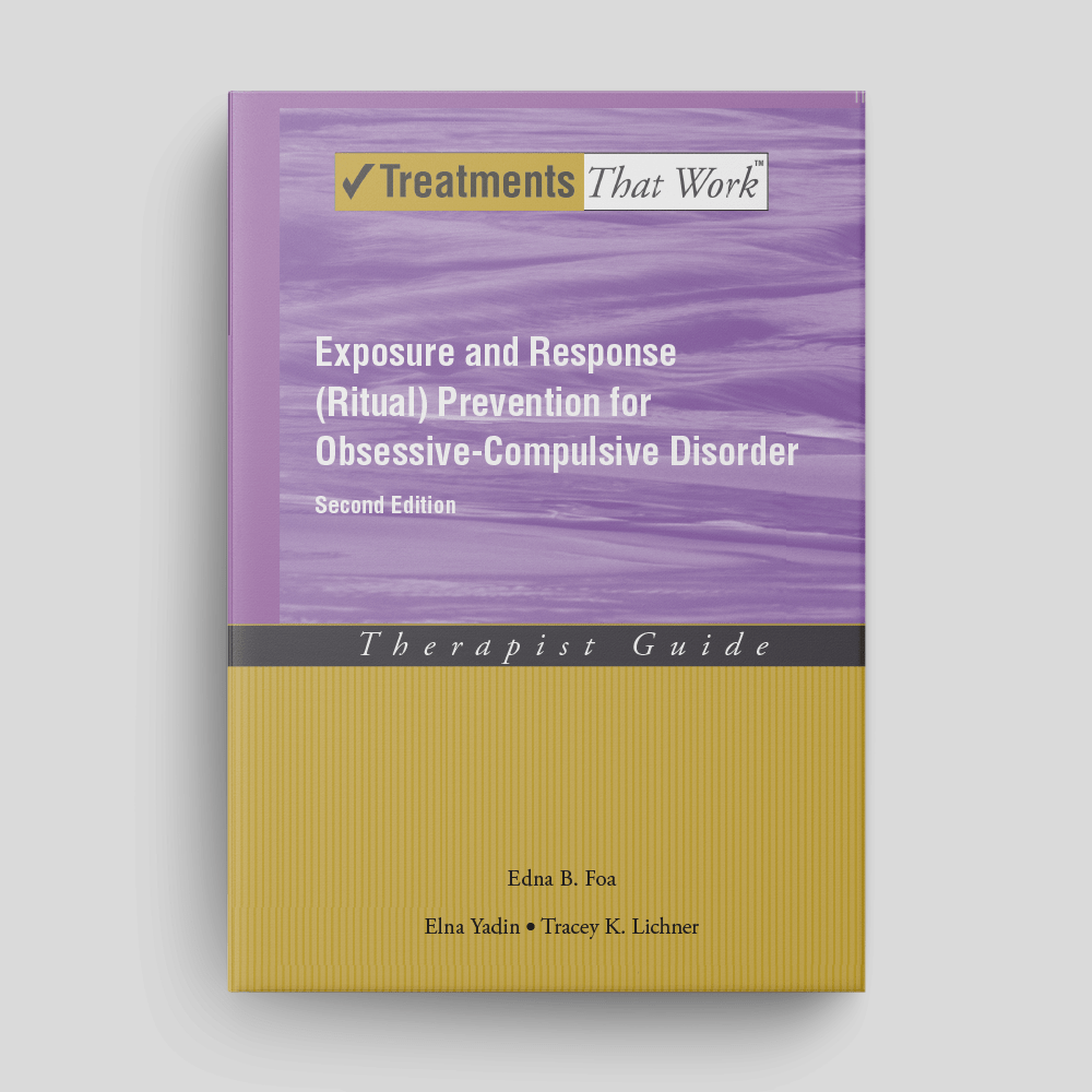 Book cover: Exposure and Response Prevention for Obsessive-Compulsive Disorder; purple, gold, and white.