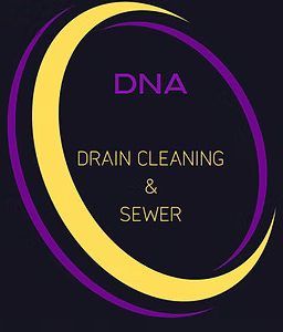 DNA Drain Cleaning & Sewer logo: Purple, yellow crescent shape over a dark background. Purple text.