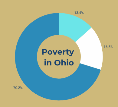 Circle graph indicating that 29.6% of Ohioans live at or below 200% of the poverty level.