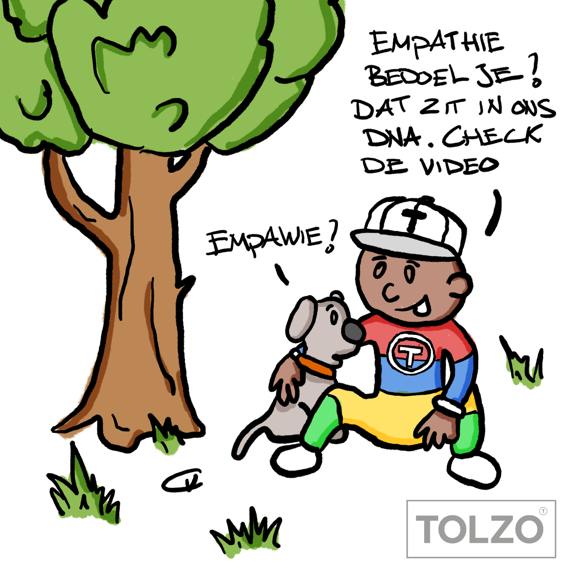 Cartoon van Tolzo over empathie in klantcontact, met medewerker en hondje die praten over het begrip