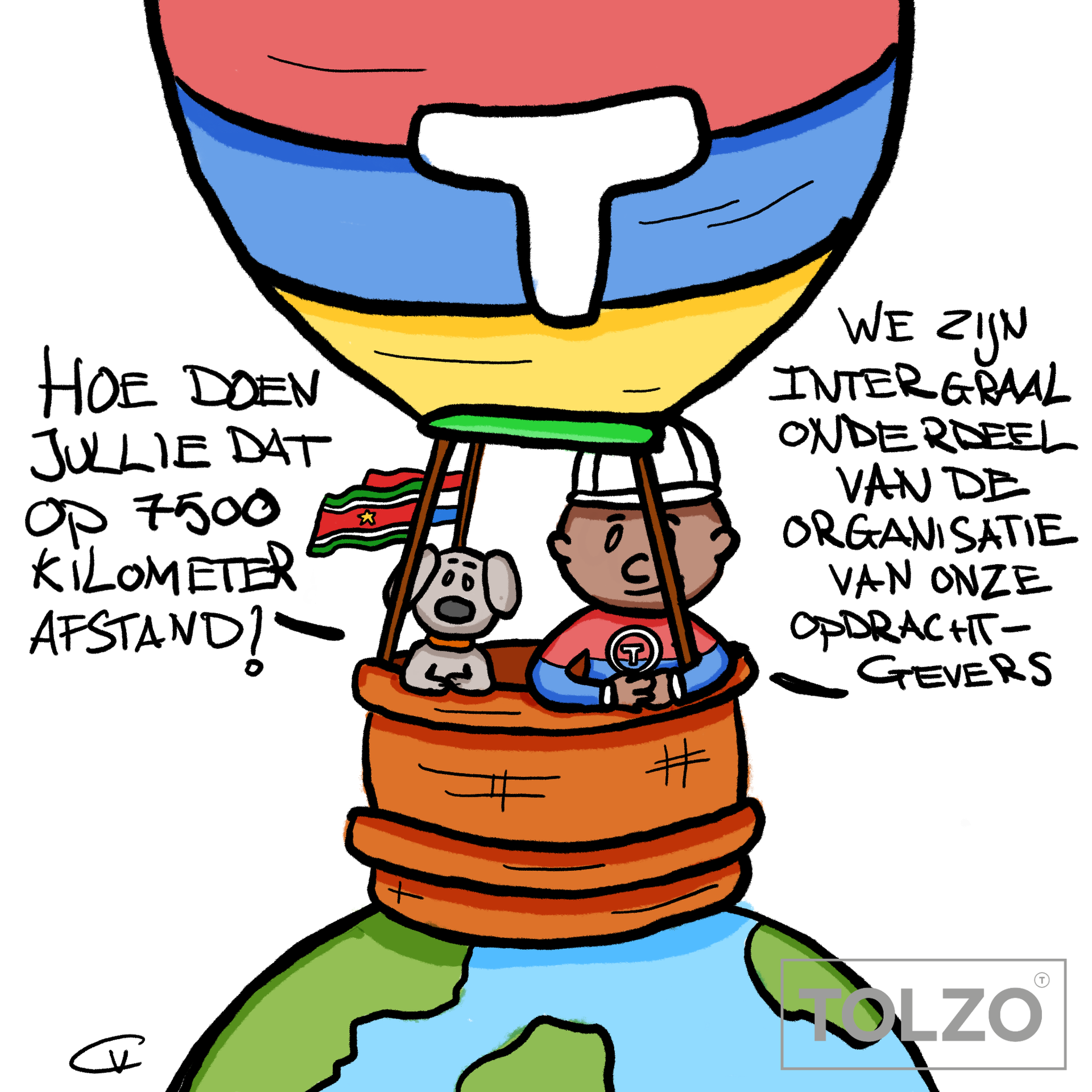Cartoon van Tolzo over 7500 kilometer afstand in klantcontact, met medewerker en hondje in een lucht