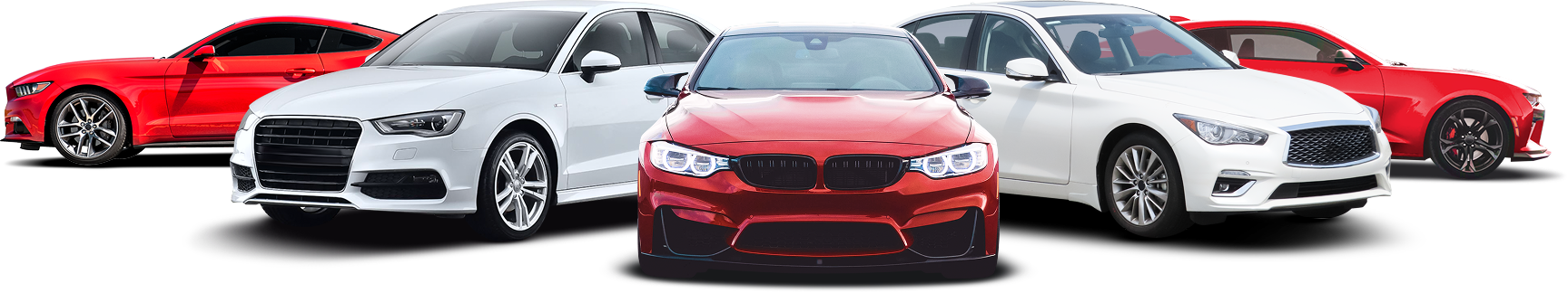 Five cars, red and white, in a row; front facing the viewer | Redline Automotive