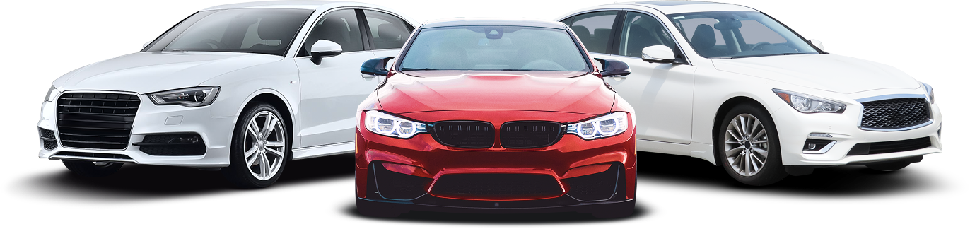 Three cars, a red BMW in the center, flanked by white sedans, possibly Audis and Infinitis | Redline Automotive