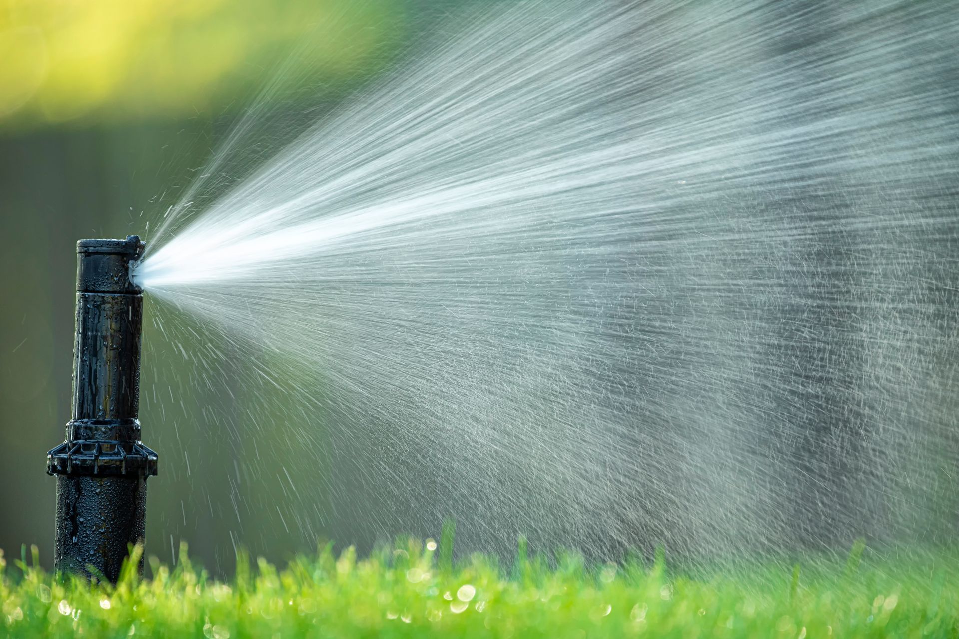 Automatic lawn sprinkler spraying a wide fan of water over green grass in a garden area.