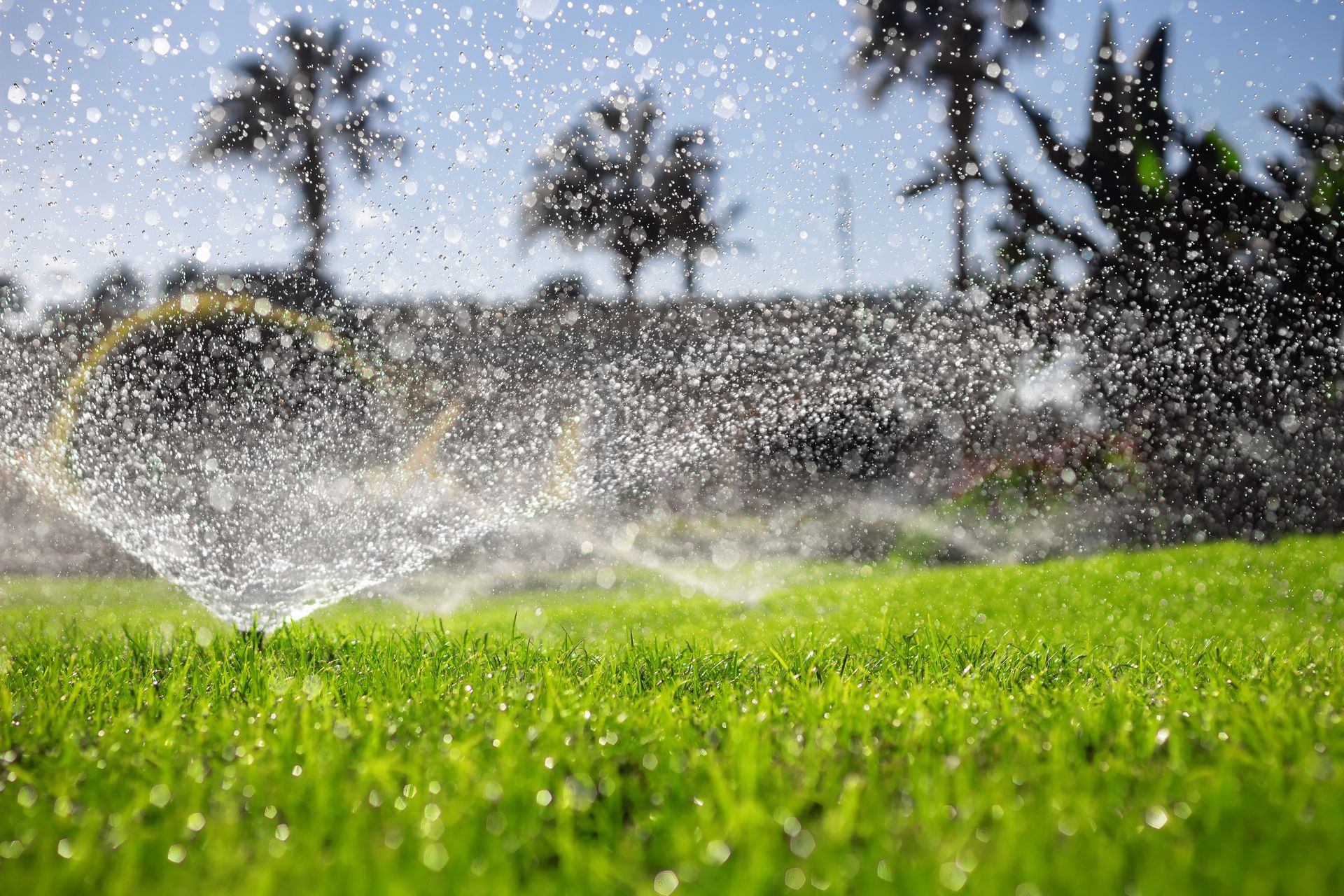 Sprinklers spraying water onto a bright green lawn on a sunny day.