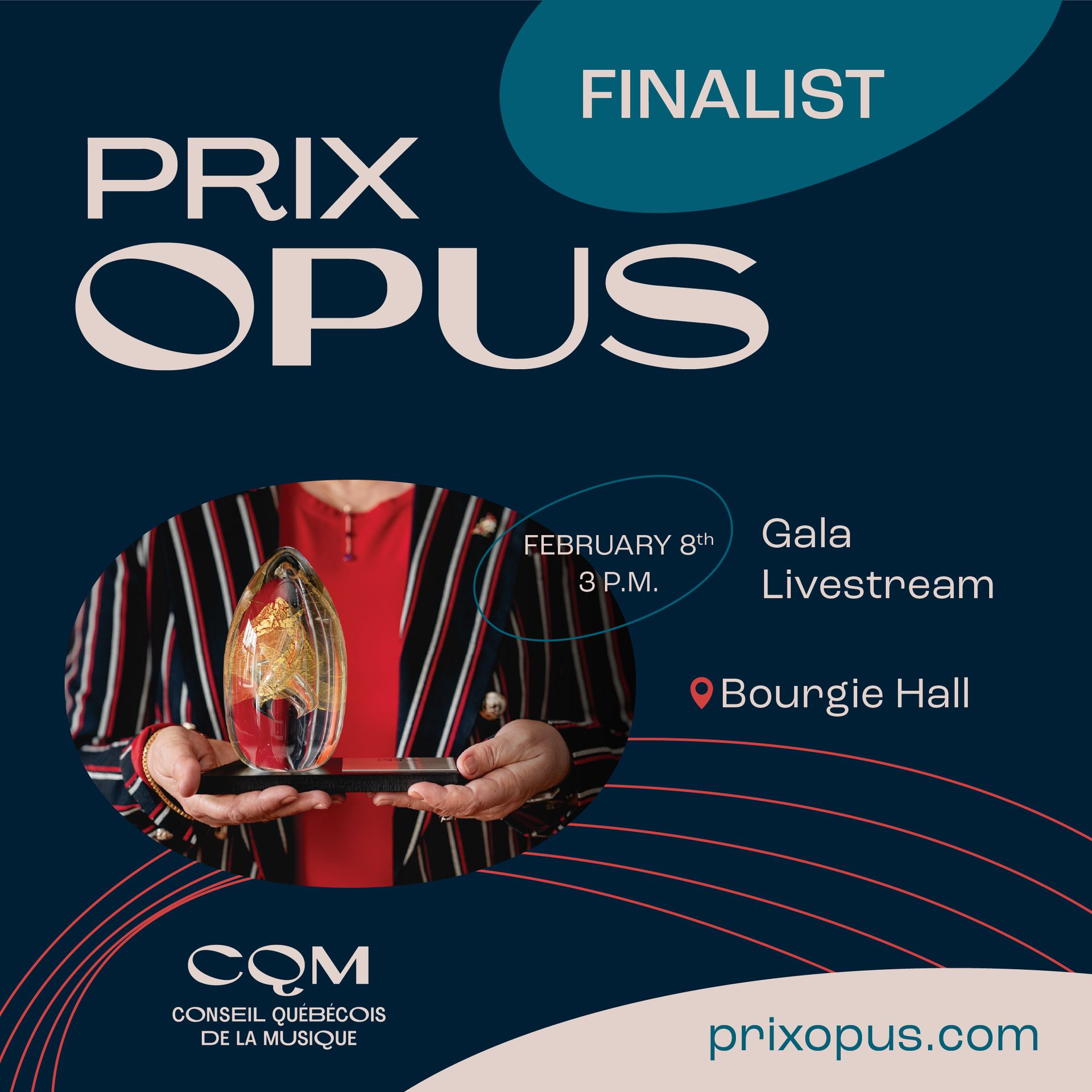 Annonce des finalistes Prix Opus. Gala en direct le 8 février à 20h, Salle Bourgie. Personne tenant le prix.