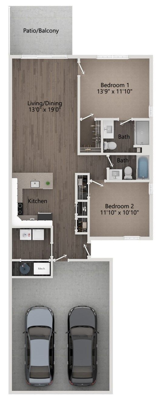 Floor plan of a two-bedroom apartment. Includes a garage with two cars, kitchen, and bathroom.