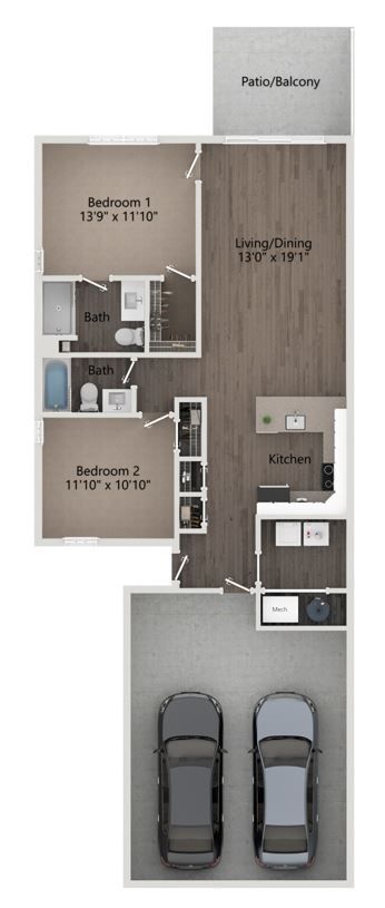 Floor plan of a two-bedroom apartment with a patio/balcony and two-car garage.