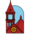 Line drawing of First Presbyterian Church in Rock Hill, SC; steeple and architectural details in light blue.