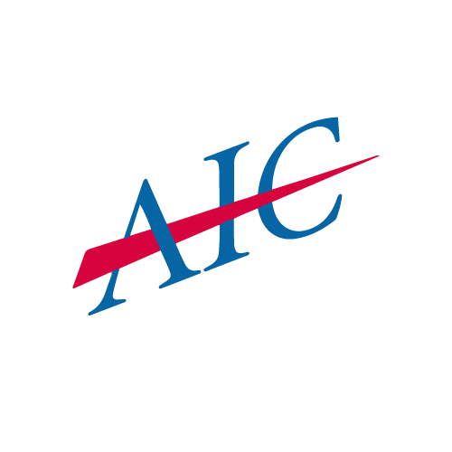 A blue and red aic logo with a red arrow