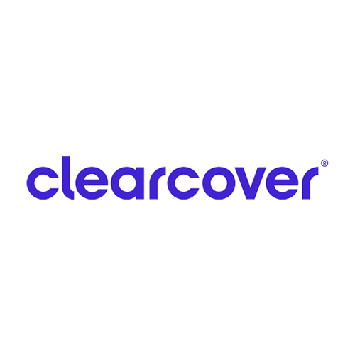 The clearcover logo is purple and white on a white background.