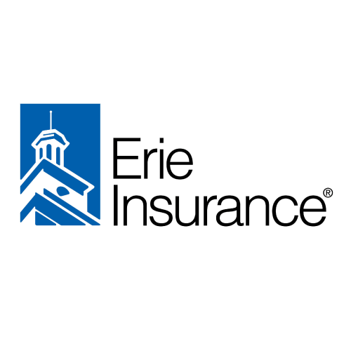 The erie insurance logo has a blue building with a tower on top of it.
