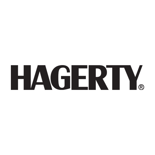 A black and white logo for hagerty on a white background.