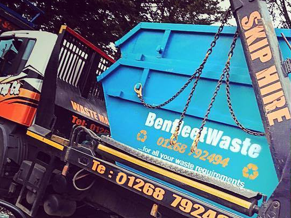 blue skip with Benfleet Waste Skip Hire logo